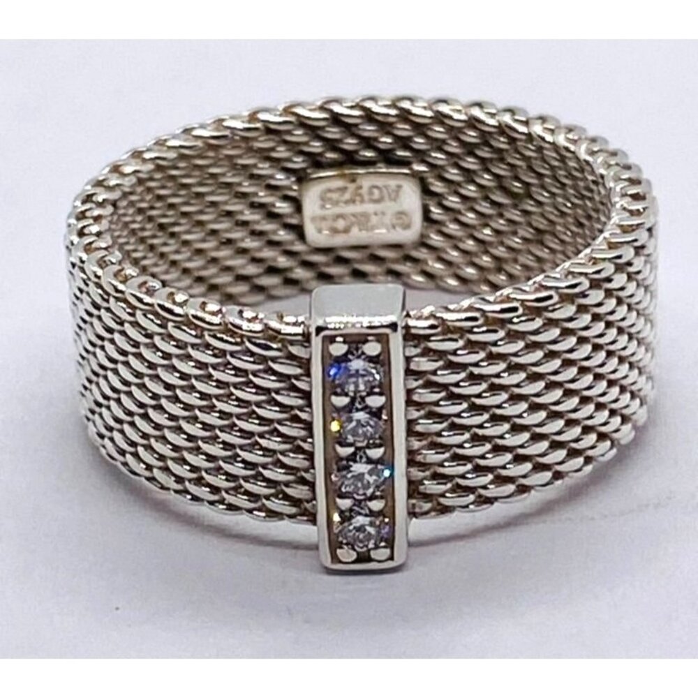 Tiffany & Co Sterling Silver Diamond Mesh Somerset Wide Band Ring. Size 5